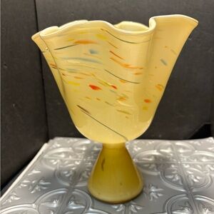 Vintage Hand blown Yellow color swirl incased white Glass Vase